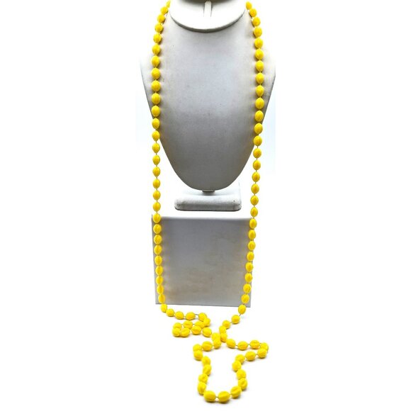 Cheery Yellow Long Beaded Necklace, Bright Vintage Strand, Flapper Length - Picture 1 of 5